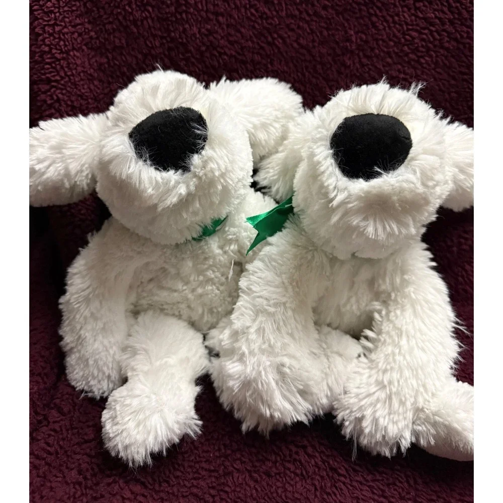 Set of 2 White Plush Puppy Dogs Shaggy Soft Stuffed Animal Green Bow 7 Inch
